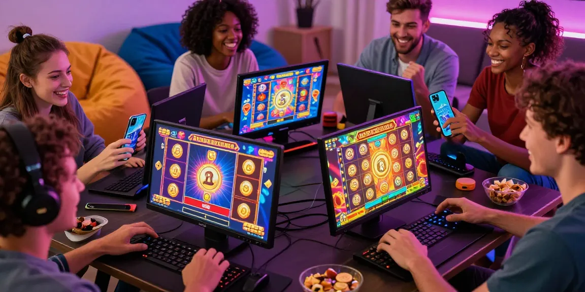 Exciting online gaming experience with deposit tanpa minimal, diverse group enjoying mobile slots in a cozy setting.