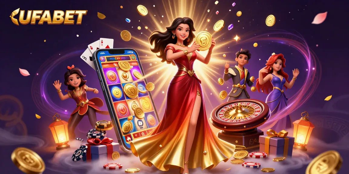 Experience thrilling gameplay on UFABET with vibrant slot machines, coins, and cards raining down.