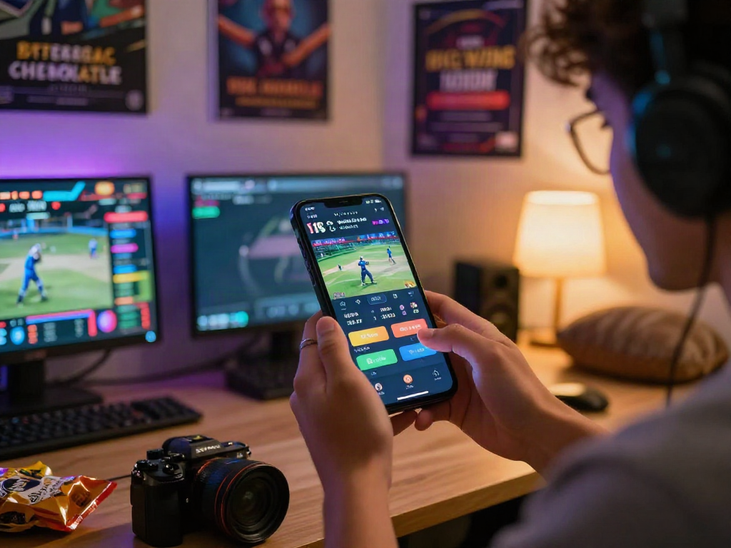 Engaged player using Playin exchange app for cricket betting in vibrant, cozy gaming setup.