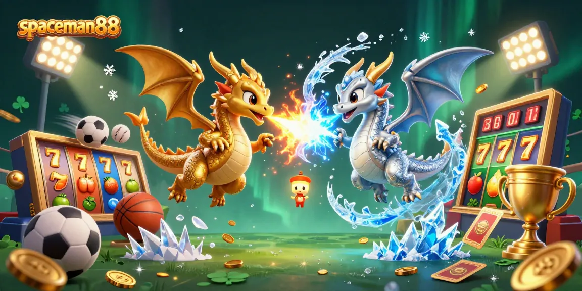 Experience the thrilling energy of spaceman88 as dragons battle amidst dynamic slot reels and vibrant casino symbols.