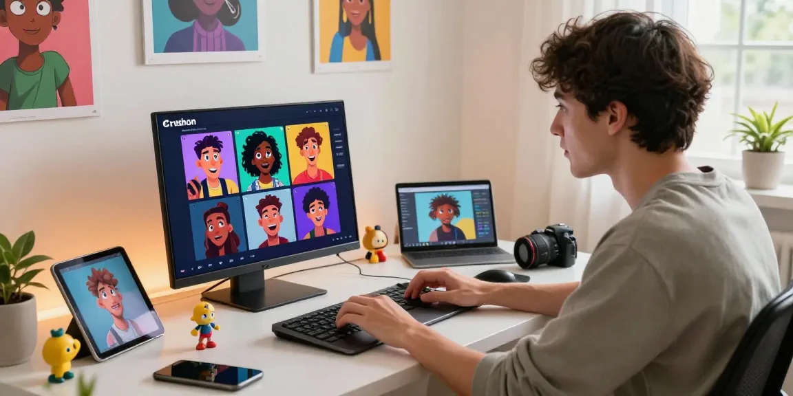Engaging with Crushon IA animated character on a laptop, showcasing vibrant and customizable AI interactions.