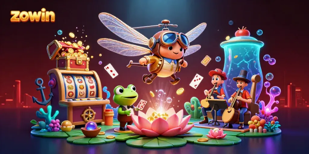 Experience exciting gameplay at Zowin with a dragonfly pilot overseeing a vibrant lily pad casino.
