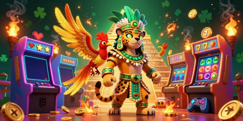 Engage with thrilling สล็อต gaming in a vibrant illustration featuring a Mayan priest and quetzal bird.
