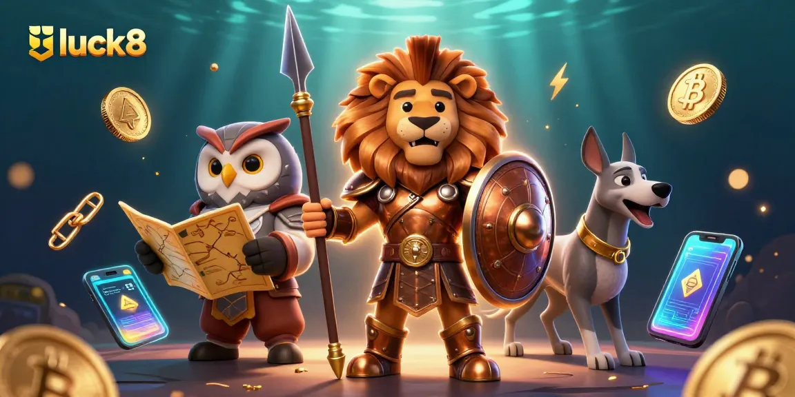 Experience the excitement of luck8 casino with characters amidst vibrant gaming elements and cryptocurrency coins.