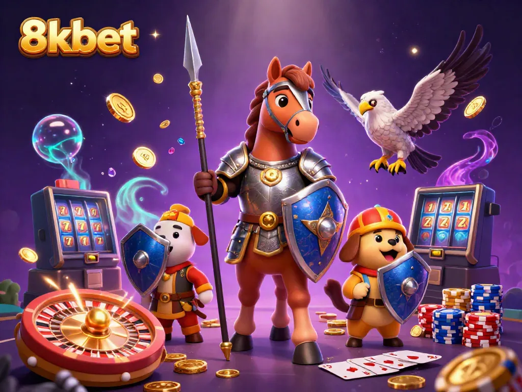 Engage in thrilling gaming with 8kbet's vibrant atmosphere featuring colorful coins and character action.