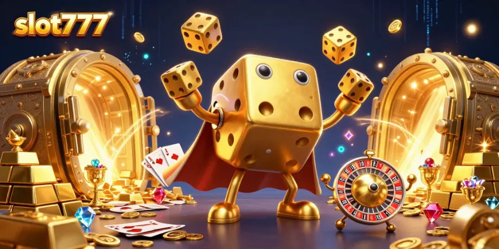 Jelajahi slot777 dengan karakter dadu emas dan harta jackpot yang mencolok.