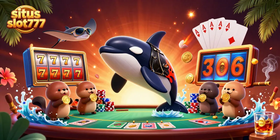 Situs slot777 showcases winning moments with a vibrant casino-themed 3D scene featuring lively sea creatures.