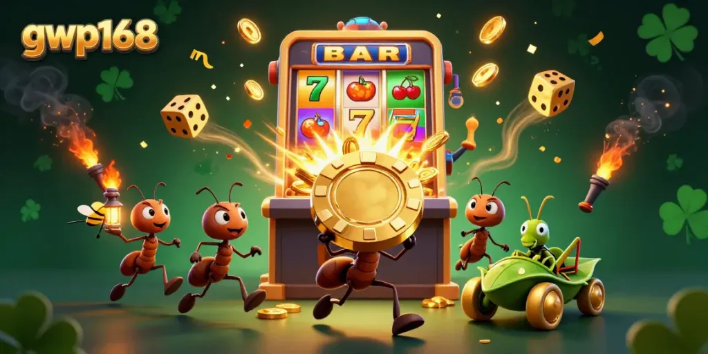GWP168 menampilkan tim semut kartun yang sedang melaksanakan perampokan chip poker emas raksasa di dunia kasino.