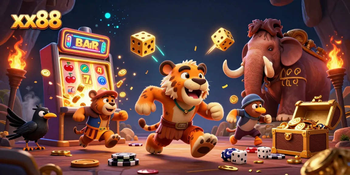Experience the excitement of winning at xx88 with a vibrant prehistoric casino scene