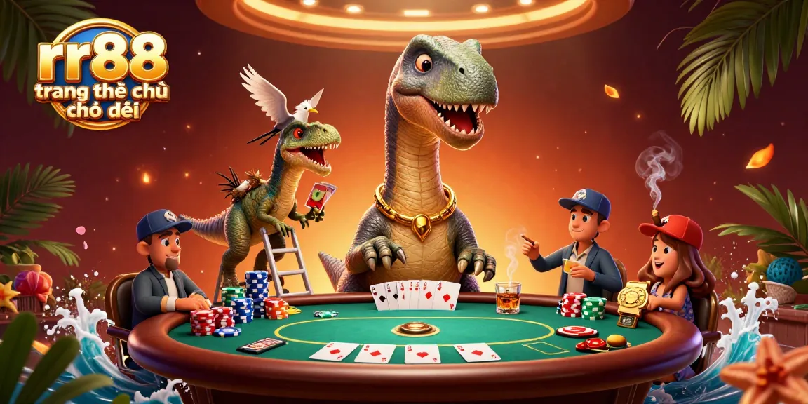 Experience the thrill of rr88 trang chủ chính thức with a vibrant 3D casino scene featuring a brontosaurus and raptor.
