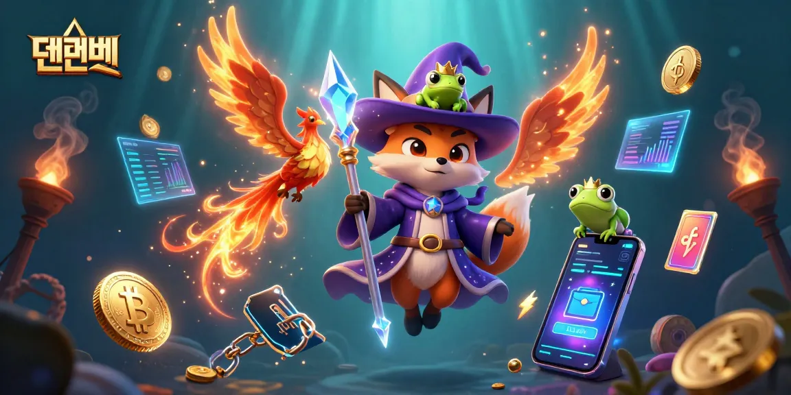 Experience thrilling games at 텐텐벳 with a vibrant 3D illustration showcasing fantasy elements and cryptocurrency references.