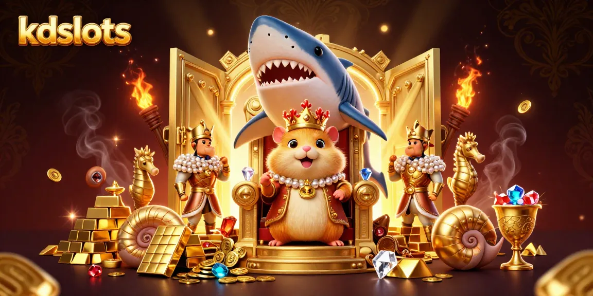 KDSlots gaming scene with a golden hamster king, treasure vault, and vibrant jewels celebrating casino victory.