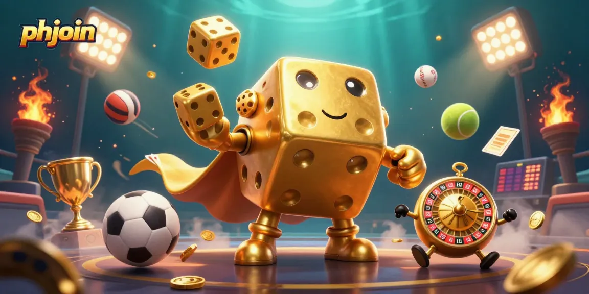 Engaging phjoin illustration showcasing a golden dice golem with sports elements, perfect for betting excitement.