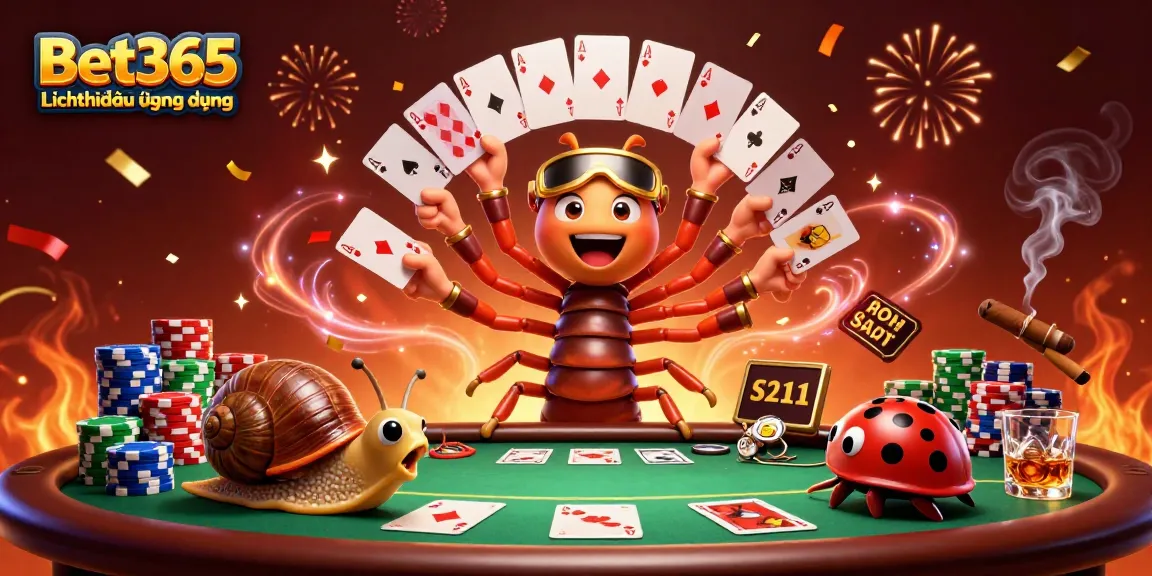 Bet365Lịchthiđấuứngdụng showcases a lively casino scene with a cartoon millipede dealer and chip-stacking snail.