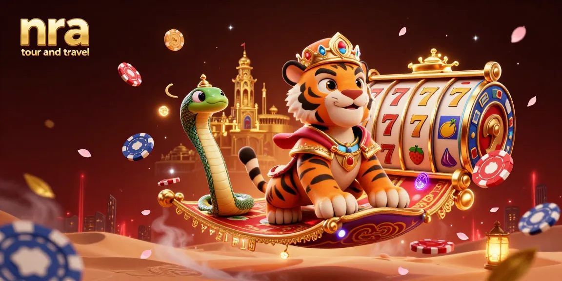 Play thrilling games with nra tour and travel, featuring a vibrant casino scene full of exciting slot reels and poker elements.