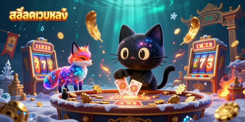 Experience the excitement at สล็อตเว็บตรง with a cosmic casino scene featuring a black hole cat and swirling slot elements.