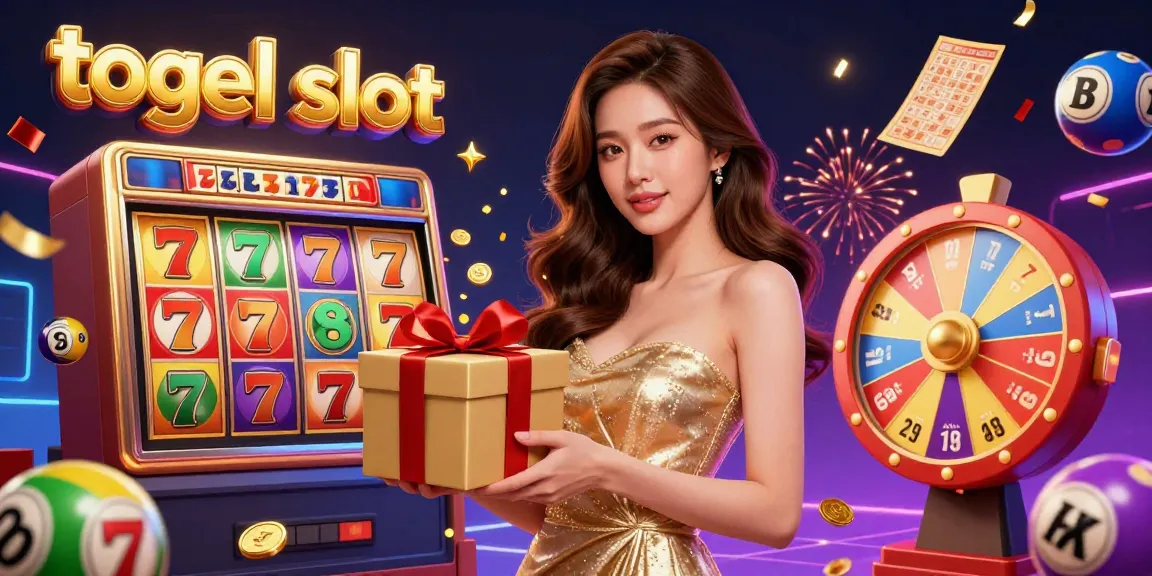 Engage with togel slot excitement as a stunning woman holds a red ribbon gift box spilling golden coins.