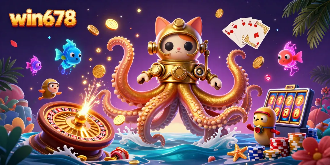 Win678 lets players spin to win with a colossal kraken and dazzling casino elements in a vibrant underwater scene