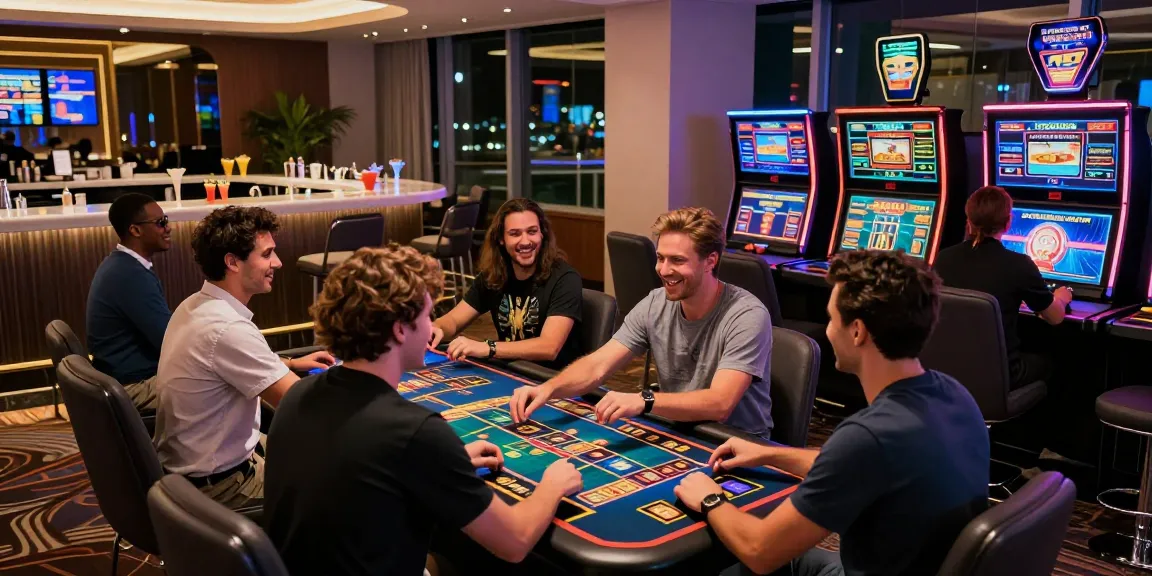 LUCK8 online casino players engaging with high-tech gaming stations in a vibrant gambling atmosphere.
