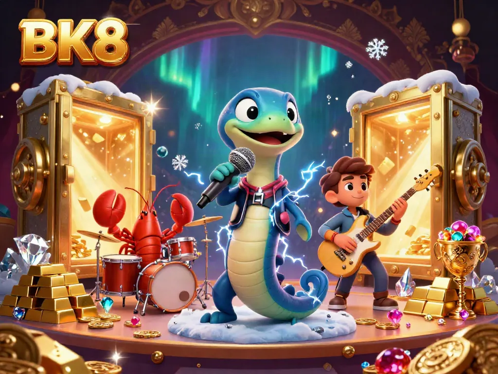 Join the BK8 casino experience with an electrifying underwater DJ performance featuring vibrant characters and treasure elements.