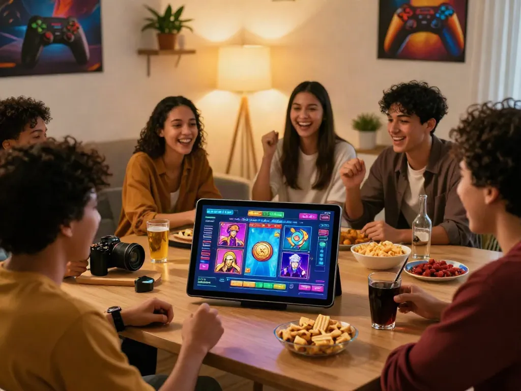 Pengalaman bermain slot digital yang menarik dengan teman-teman di ruang tamu yang cozy.