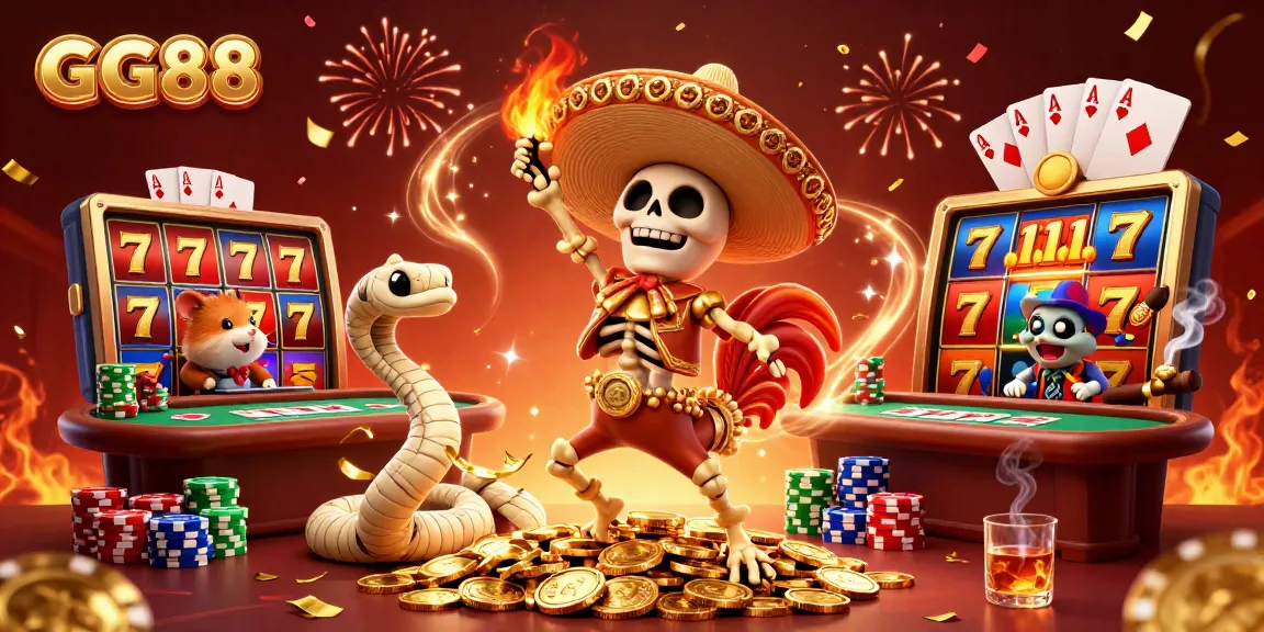Experience the excitement of GG88 with a lively scene of a jubilant skeleton rooster celebrating over golden coins and slot reels.