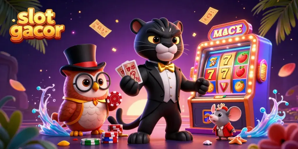 Slot gacor sedang dimainkan dengan karakter hewan 3D di kasino, hujan uang dan suasana meriah.