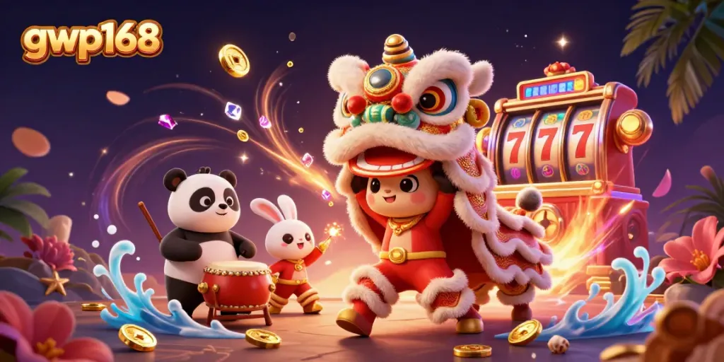 Aksi bermain slot di gwp168 dengan karakter kucing dansa, panda, dan kelinci meriah.