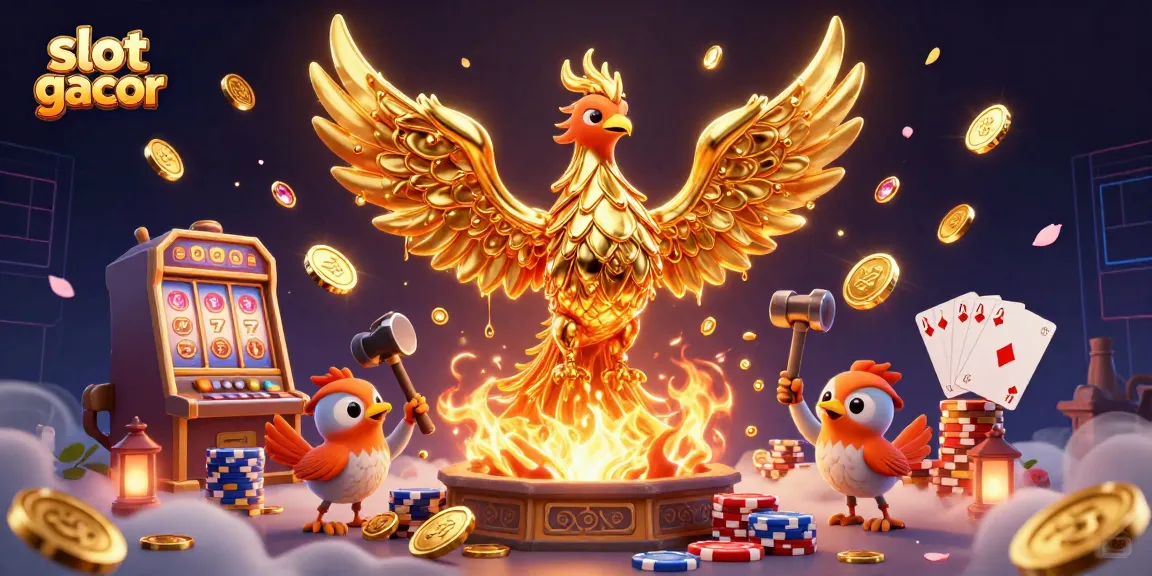 Slot gacor: Ilustrasi 3D kasino dengan phoenix emas dan simbol keberuntungan.