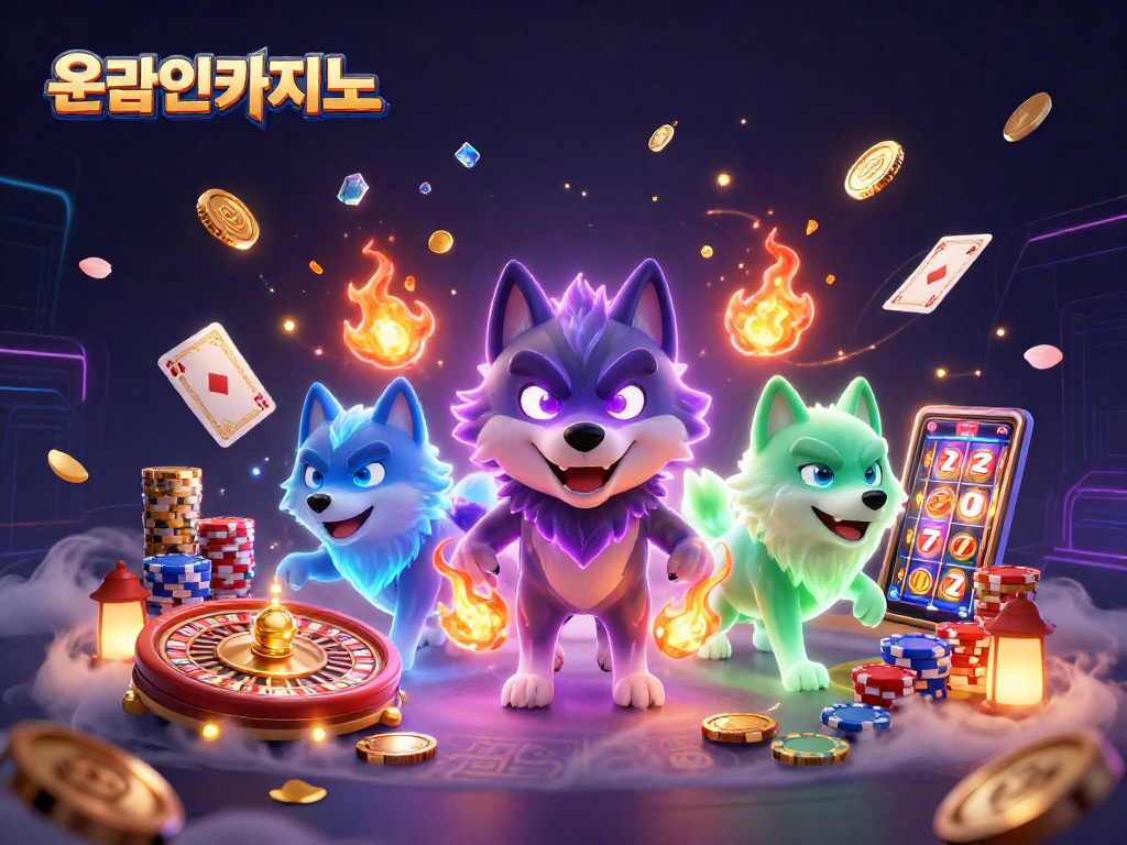 온라인카지노에서 다양한 게임을 즐기는 유령 늑대들과 금빛 동전들이 날아다니는 장면
