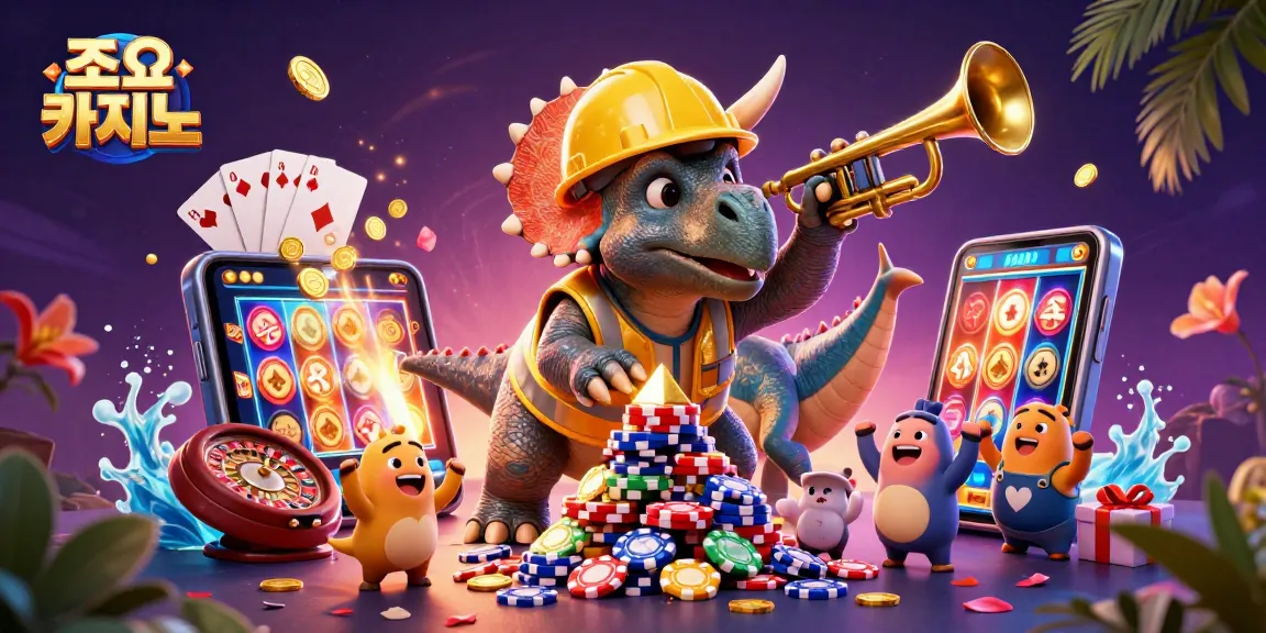 Engage with 조이카지노 through exciting casino gameplay with a fun 3D dinosaur scene.