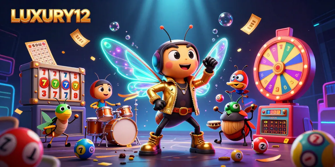 LUXURY12 showcases a dynamic scene with a rock star cicada, casino elements, and colorful lottery features highlighting the thrill of betting.