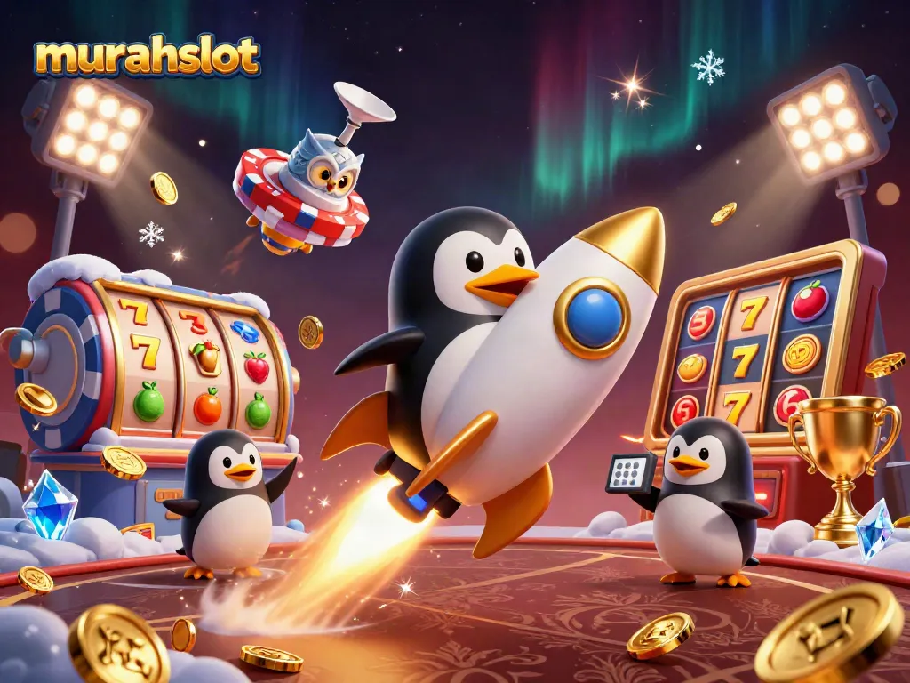 Slot jackpot murahslot meriah dengan penguin emas, koin, dan elemen kasino lainnya.