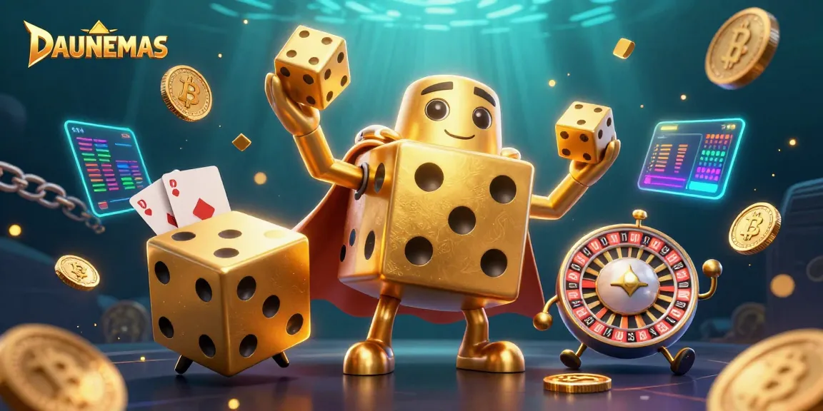 Experience thrilling excitement at DAUNEMAS with golden dice and crypto elements in a vibrant casino scene