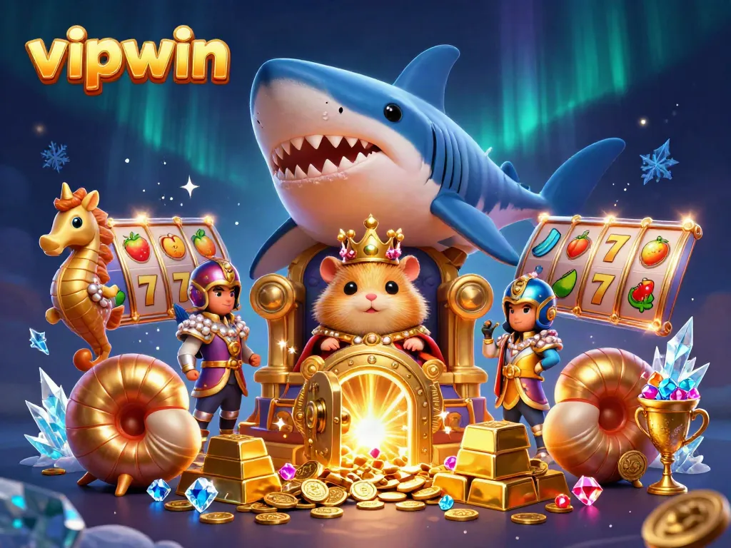 Experience the thrilling vipwin gaming adventure with a golden hamster king and treasure in a vibrant casino scene.