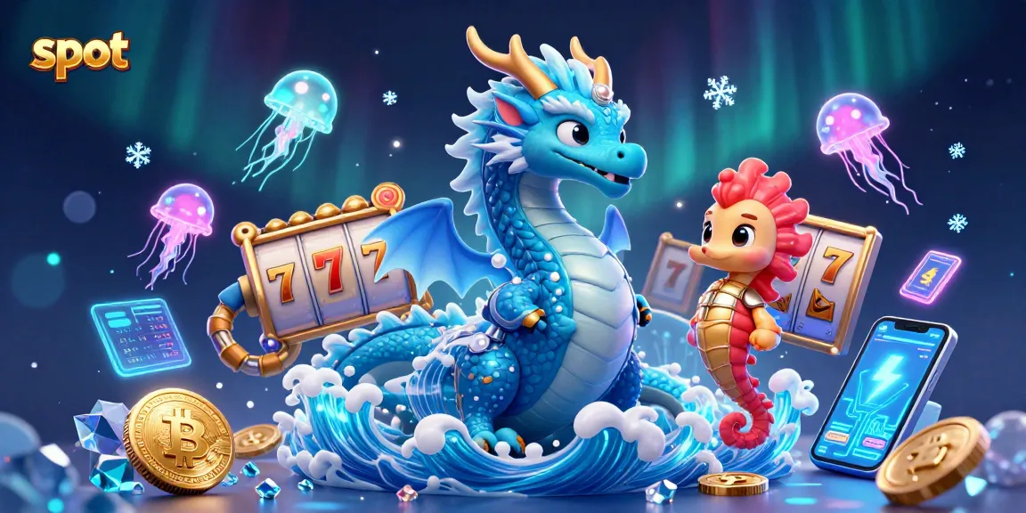 Bermain slot dengan naga dan kuda laut, dikelilingi elemen kasino dan kripto yang berkilau.