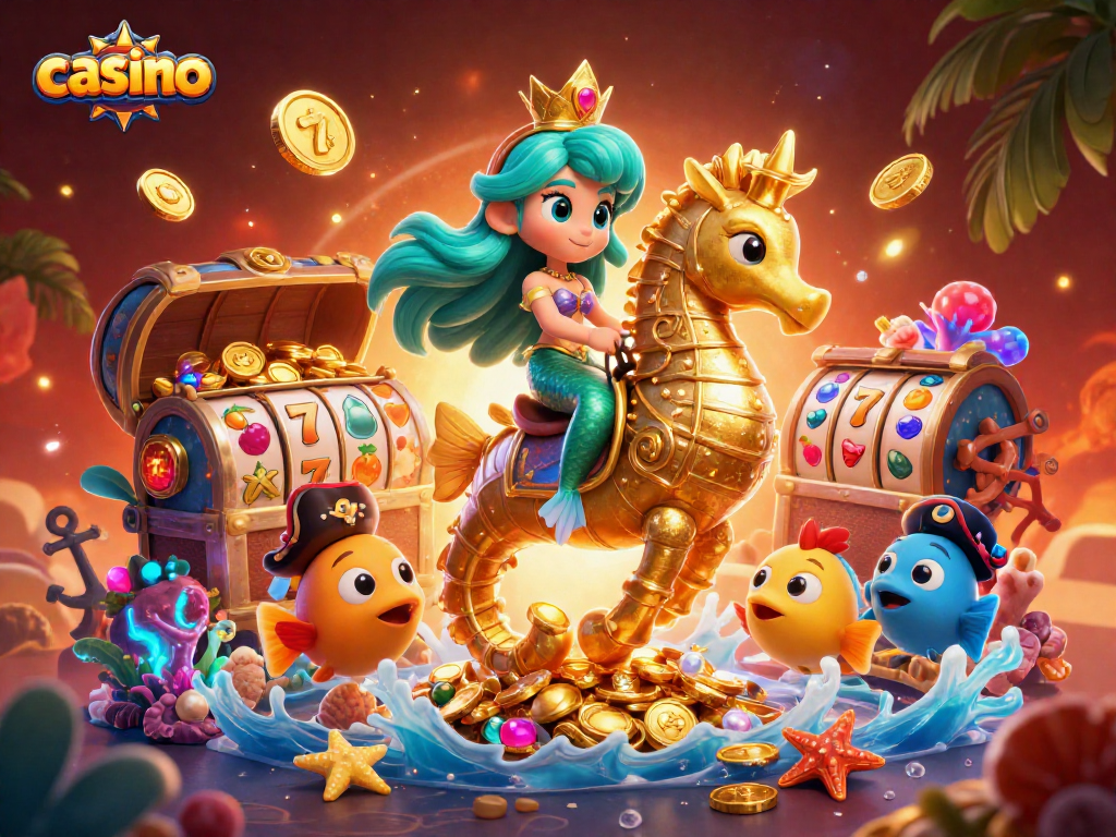 Spin the casino reels in this vibrant undersea illustration featuring a mermaid and seahorse!