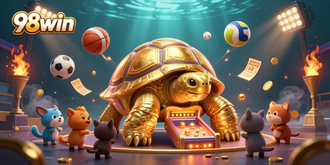 Play 98win at this vibrant casino scene featuring a colossal tortoise pinball machine and dynamic sports elements.
