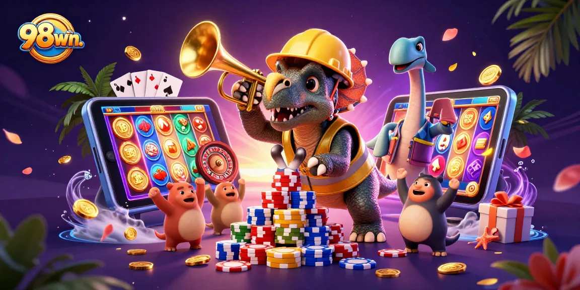 Engage with the thrilling world of 98win. as cartoon dinosaurs celebrate a poker chip pyramid in a vibrant casino scene.