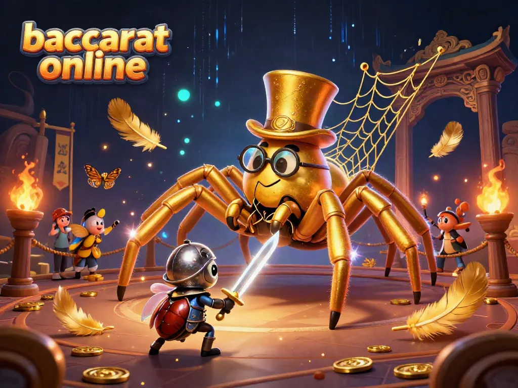 Baccarat online vibrant scene with a golden spider and beetle knight amidst casino elements.