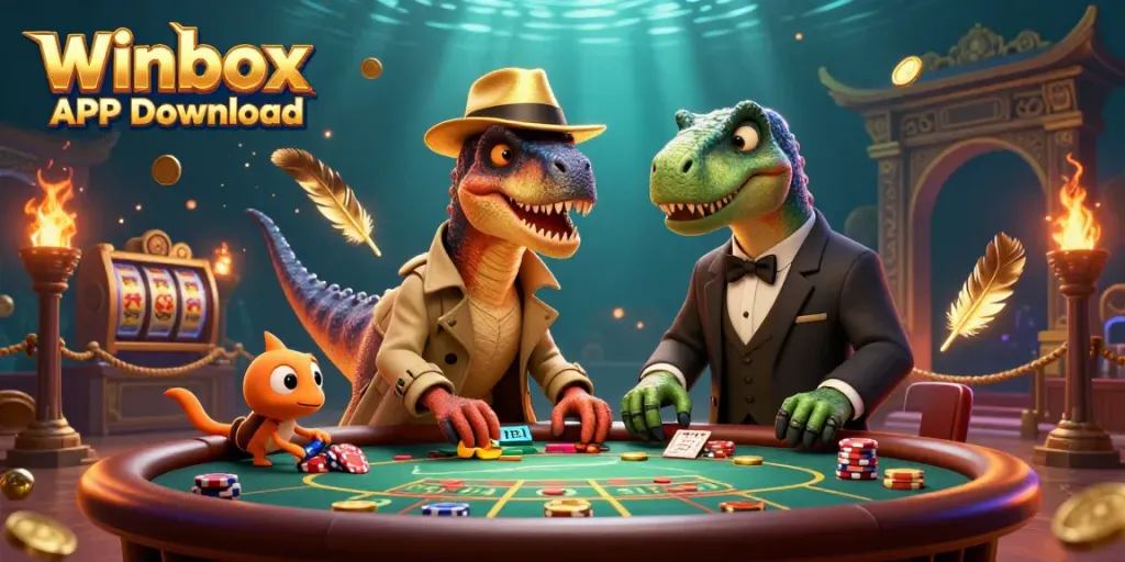 Engage with the Winbox APK Download while exploring an exciting blackjack game scene featuring creative characters.