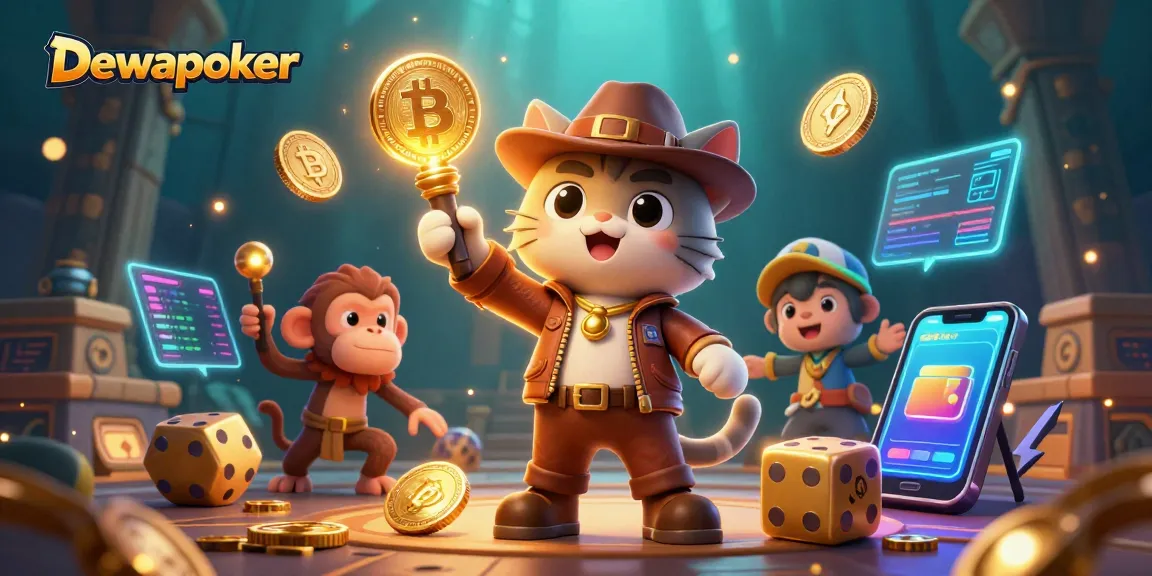Dewapoker showcases a 3D cartoon cat archaeologist discovering golden treasures in a vibrant casino-themed adventure
