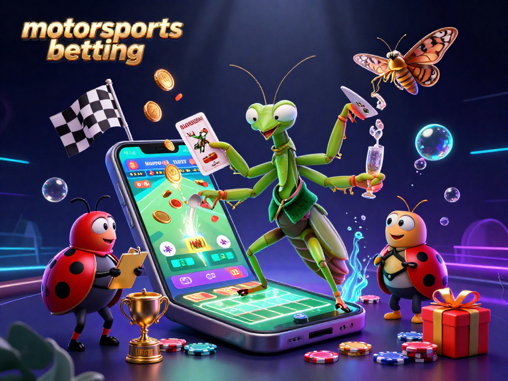 Experience motorsports betting with a dynamic illustration showing a mantis dealer, pit boss, and lively betting elements.