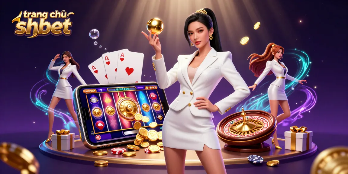 Engage in the excitement of gambling at trang chủ shbet, featuring a confident casino character amidst vibrant gaming elements.
