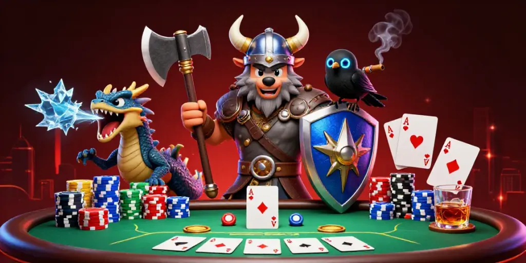 Engage with mmoo-inspired casino action as a Viking warrior, dragon, and raven dominate a poker scene.