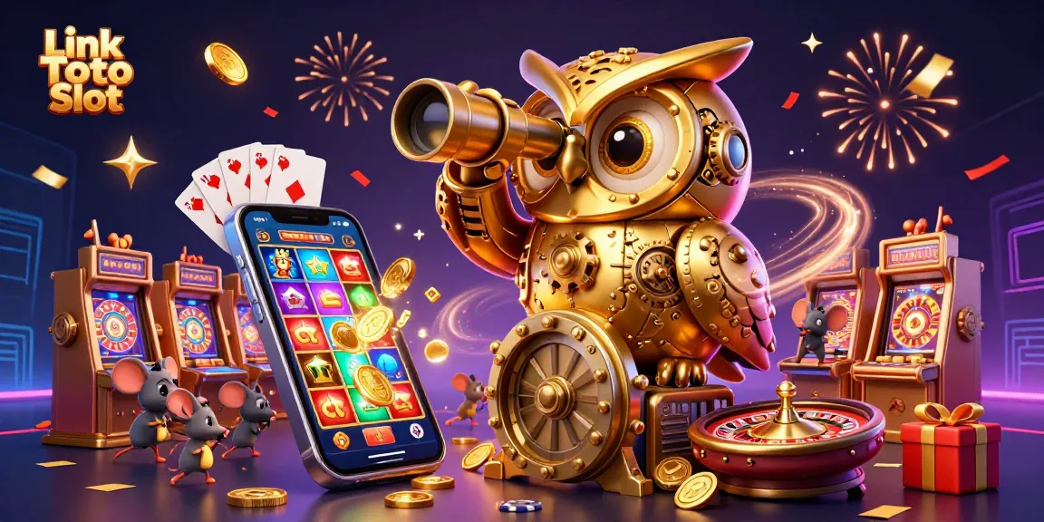 Engage with Link Toto Slot through vibrant 3D casino illustration featuring a golden owl and slot games.