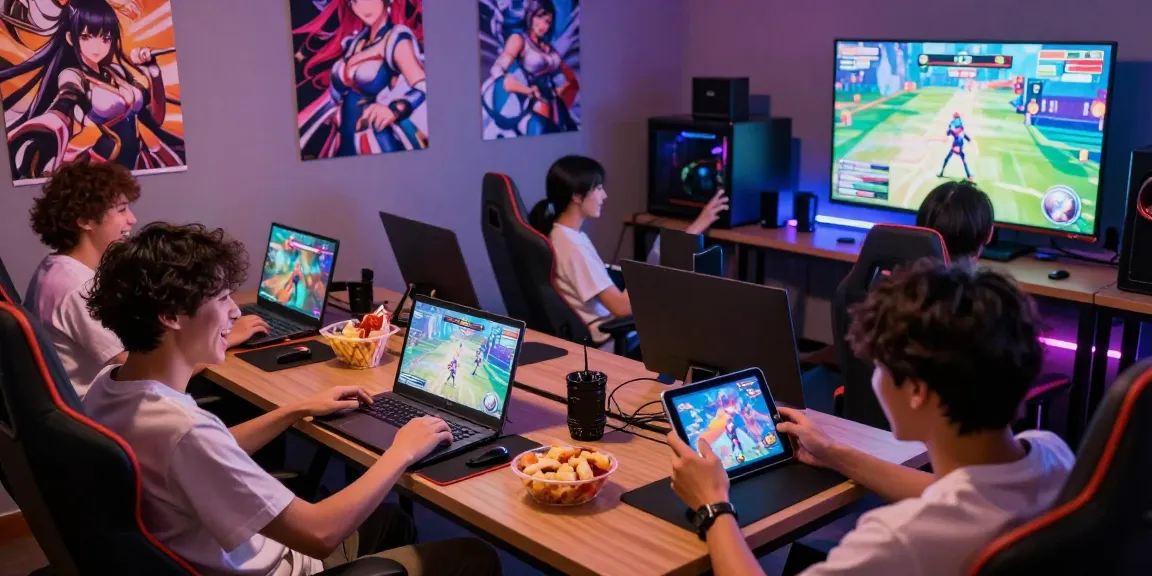 Players enjoying hentai games in a vibrant gaming lounge atmosphere with devices.