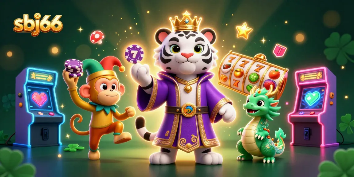 Experience excitement at sbj66 Casino with a vibrant 3D illustration of winning slots and playful characters.
