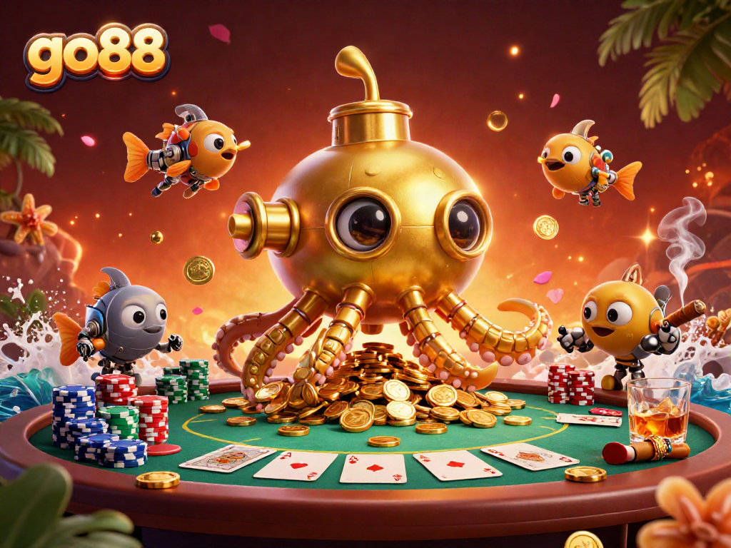 Experience go88's thrilling casino adventures with a golden kraken submarine amid rich gaming elements.