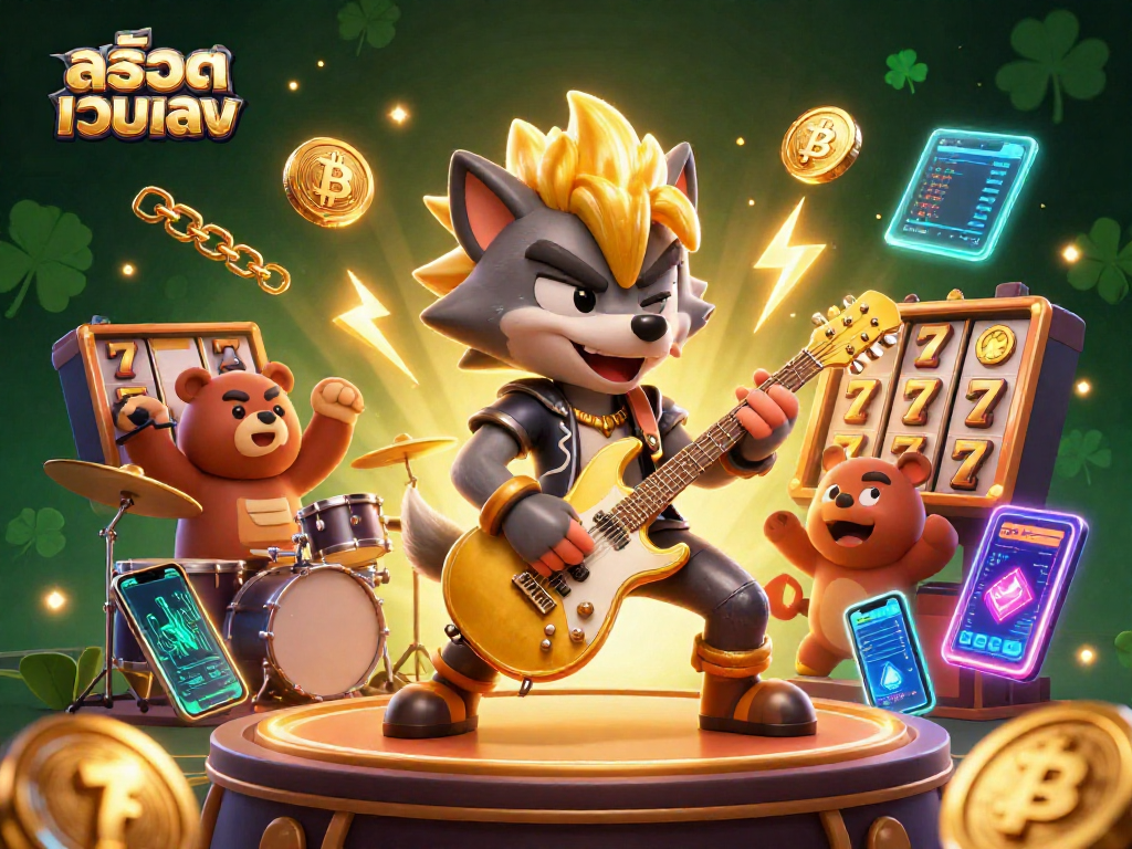 Experience สล็อตเว็บตรง immersive gaming with a vibrant casino scene featuring a rock star wolf and drummer bear.